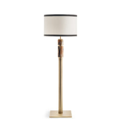 Babel Floor Lamp: Horn and Satin Brass Base with Ivory Shantung Lampshade and Dark Brown Tosca Leather Trimming
