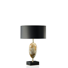 Eclisse Table Lamp: Horn and Wood Base with 24K Gold Plated Brass Accents, Black Shantung Lampshade
