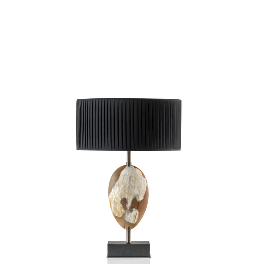 Arcahorn Eclisse Table Lamp | Matte Horn, Black Oak Veneer, and Burnished Brass | Black Pleated Silk Lampshade | Perfect for Yacht Decor | Available at 2Jour Concierge, #1 luxury high-end gift & lifestyle shop
