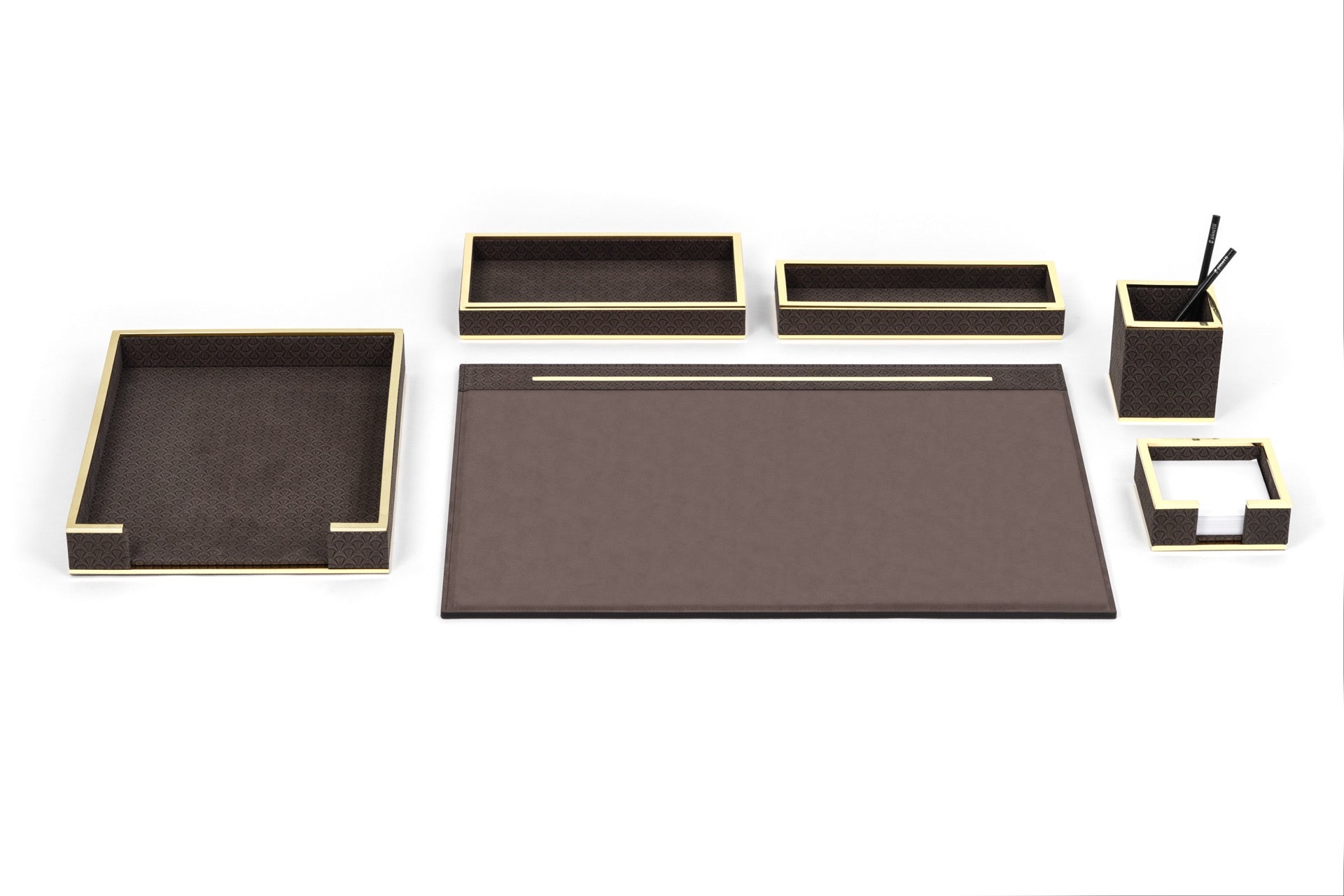 Pinetti | Larry Nubuck Rigid Desk Pad: Nubuck desk pad with digital fan-pattern print and brass border in chrome or shiny gold | Desk Accessories | 2Jour Concierge, your luxury lifestyle shop | luxury desk pad, Pinetti Larry, nubuck desk mat, brass border desk pad, Italian luxury desk accessories, designer desk set, nubuck leather desk pad