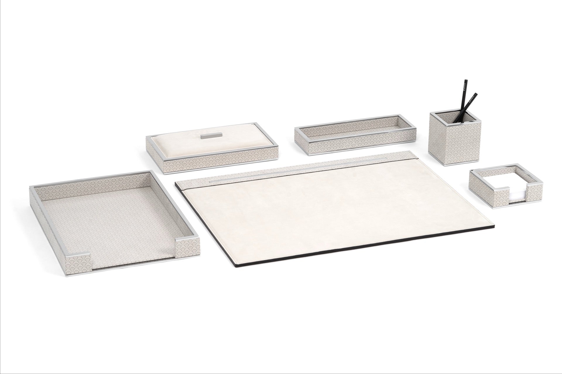 Pinetti | Larry Nubuck Rigid Desk Pad: Nubuck desk pad with digital fan-pattern print and brass border in chrome or shiny gold | Desk Accessories | 2Jour Concierge, your luxury lifestyle shop | luxury desk pad, Pinetti Larry, nubuck desk mat, brass border desk pad, Italian luxury desk accessories, designer desk set, nubuck leather desk pad