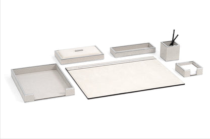 Pinetti | Larry Nubuck Rigid Desk Pad: Nubuck desk pad with digital fan-pattern print and brass border in chrome or shiny gold | Desk Accessories | 2Jour Concierge, your luxury lifestyle shop | luxury desk pad, Pinetti Larry, nubuck desk mat, brass border desk pad, Italian luxury desk accessories, designer desk set, nubuck leather desk pad