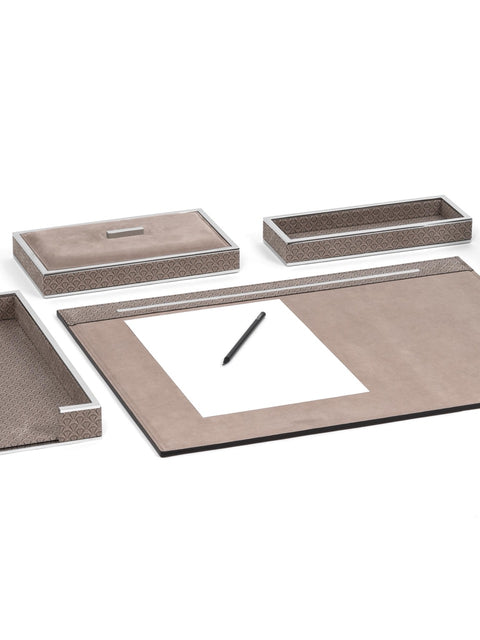 Pinetti | Larry Nubuck Rigid Desk Pad: Nubuck desk pad with digital fan-pattern print and brass border in chrome or shiny gold | Desk Accessories | 2Jour Concierge, your luxury lifestyle shop | luxury desk pad, Pinetti Larry, nubuck desk mat, brass border desk pad, Italian luxury desk accessories, designer desk set, nubuck leather desk pad