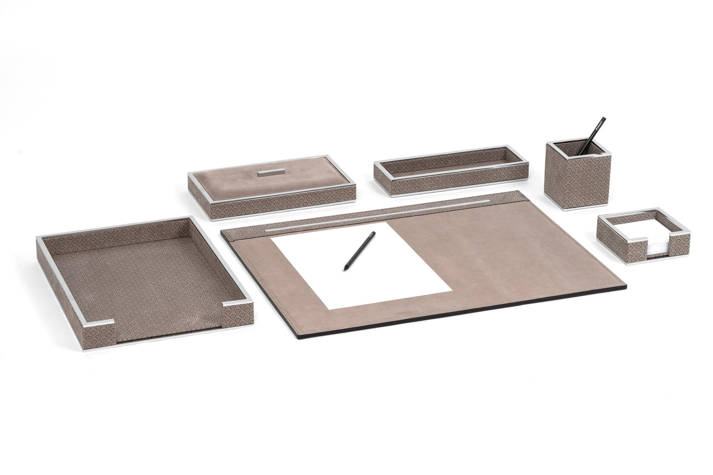 Pinetti | Larry Nubuck Rigid Desk Pad: Nubuck desk pad with digital fan-pattern print and brass border in chrome or shiny gold | Desk Accessories | 2Jour Concierge, your luxury lifestyle shop | luxury desk pad, Pinetti Larry, nubuck desk mat, brass border desk pad, Italian luxury desk accessories, designer desk set, nubuck leather desk pad
