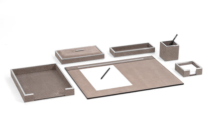 Pinetti | Larry Nubuck Rigid Desk Pad: Nubuck desk pad with digital fan-pattern print and brass border in chrome or shiny gold | Desk Accessories | 2Jour Concierge, your luxury lifestyle shop | luxury desk pad, Pinetti Larry, nubuck desk mat, brass border desk pad, Italian luxury desk accessories, designer desk set, nubuck leather desk pad