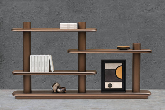 Giobagnara × Stéphane Parmentier Scala | Double Bookshelf: Leather or bronze-lacquered wood finish with signature cylindrical pillars | Furniture / Bookshelves | 2Jour Concierge, your luxury lifestyle shop | design statement, architectural balance, refined storage, contemporary craftsmanship