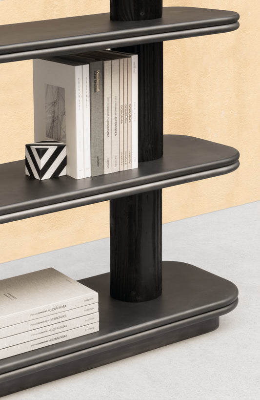 Giobagnara × Stéphane Parmentier Scala | Wood Single Bookshelf: Bronze-lacquered wood structure with rounded edges and cylindrical supports | Furniture / Bookshelves | 2Jour Concierge, your luxury lifestyle shop | refined storage, architectural design, modern interiors, sculptural bookshelf, Italian craftsmanship