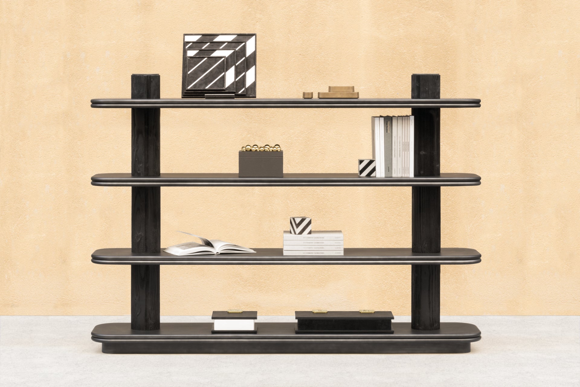 Giobagnara × Stéphane Parmentier Scala | Wood Single Bookshelf: Bronze-lacquered wood structure with rounded edges and cylindrical supports | Furniture / Bookshelves | 2Jour Concierge, your luxury lifestyle shop | refined storage, architectural design, modern interiors, sculptural bookshelf, Italian craftsmanship