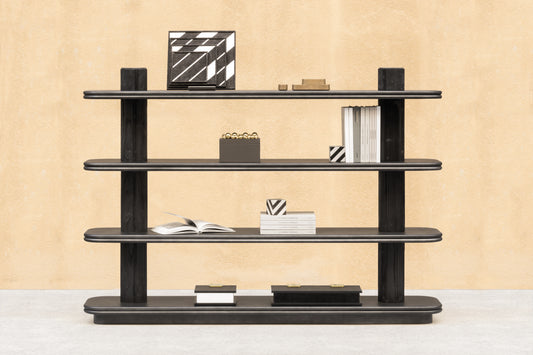 Giobagnara × Stéphane Parmentier Scala | Wood Single Bookshelf: Bronze-lacquered wood structure with rounded edges and cylindrical supports | Furniture / Bookshelves | 2Jour Concierge, your luxury lifestyle shop | refined storage, architectural design, modern interiors, sculptural bookshelf, Italian craftsmanship