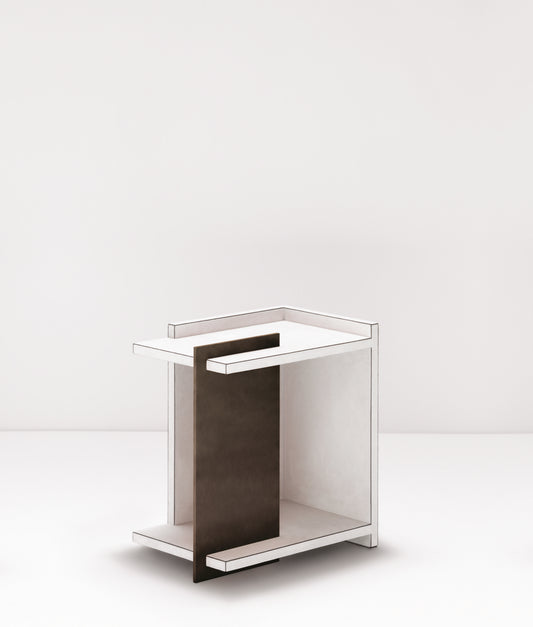 Giobagnara × Stéphane Parmentier Malaparte | Bedside Table: Painted metal and leather with aluminium and bronze finish, geometric silhouette reflecting Italian modernist design | Furniture / Small & Big Cabinets | 2Jour Concierge, your luxury lifestyle shop | luxury interiors, boutique hotels, refined lifestyle, executive bedrooms, yacht décor, collector’s furniture