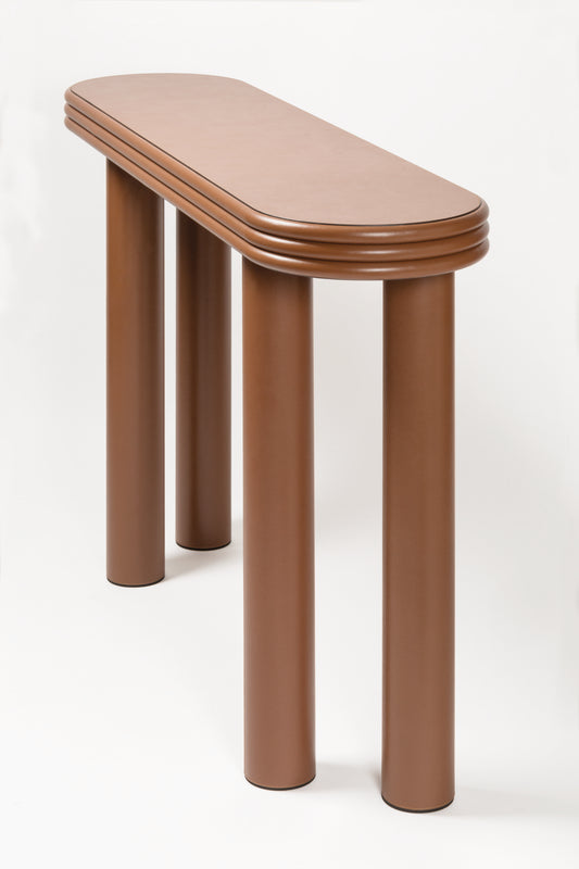Giobagnara × Stéphane Parmentier Scala | Leather Console: Minimalist design with stacked edges and cylindrical legs | Furniture / Console Tables + Étagères | 2Jour Concierge, your luxury lifestyle shop | contemporary interiors, luxury design, refined craftsmanship, Italian furniture, architectural décor