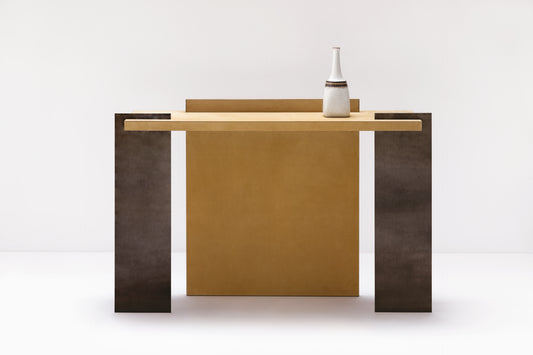 Giobagnara × Stéphane Parmentier Malaparte | Console: Painted metal and leather with aluminium and bronze finish, structured geometry inspired by modernist and Japanese aesthetics | Furniture / Consoles | 2Jour Concierge, your luxury lifestyle shop | luxury interiors, refined living, hospitality décor, executive offices, boutique hotels, yacht décor, collector’s furniture
