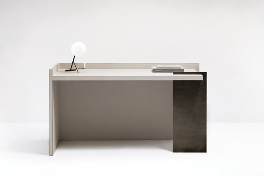 Giobagnara × Stéphane Parmentier Malaparte | Desk: Painted metal and leather with aluminium and bronze finish, structured geometry inspired by modernist and Japanese aesthetics | Furniture / Desks | 2Jour Concierge, your luxury lifestyle shop | luxury interiors, refined living, hospitality décor, executive offices, boutique hotels, yacht décor, contemporary workspace, collector’s furniture