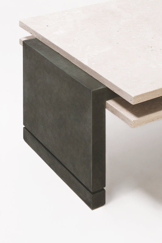 Giobagnara × Stéphane Parmentier Stratos | Marble Coffee Table: Travertine top with suede base | Furniture / Coffee Tables | 2Jour Concierge, your luxury lifestyle shop | luxury interiors, boutique hotels, refined living, hospitality décor, yacht décor, modern minimalism, executive offices