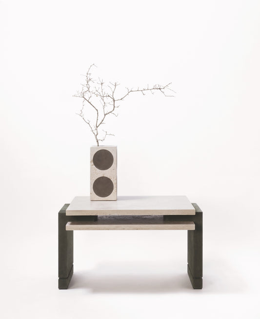 Giobagnara × Stéphane Parmentier Stratos | Marble Coffee Table: Travertine top with suede base | Furniture / Coffee Tables | 2Jour Concierge, your luxury lifestyle shop | luxury interiors, boutique hotels, refined living, hospitality décor, yacht décor, modern minimalism, executive offices
