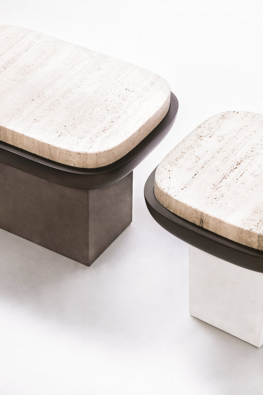 Giobagnara × Stéphane Parmentier Olympia | Marble Side Table: Travertine marble in classic, walnut, titanium, yellow, or red with leather-clad base and bronze-lacquered wood detail | Furniture / Side Tables + Bar Tables | 2Jour Concierge, your luxury lifestyle shop | contemporary interiors, luxury hospitality, gallery settings, refined residential, collector’s pieces, statement furniture