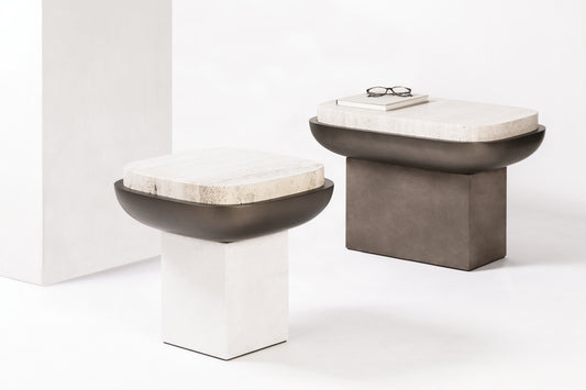Giobagnara × Stéphane Parmentier Olympia | Marble Side Table: Travertine marble in classic, walnut, titanium, yellow, or red with leather-clad base and bronze-lacquered wood detail | Furniture / Side Tables + Bar Tables | 2Jour Concierge, your luxury lifestyle shop | contemporary interiors, luxury hospitality, gallery settings, refined residential, collector’s pieces, statement furniture