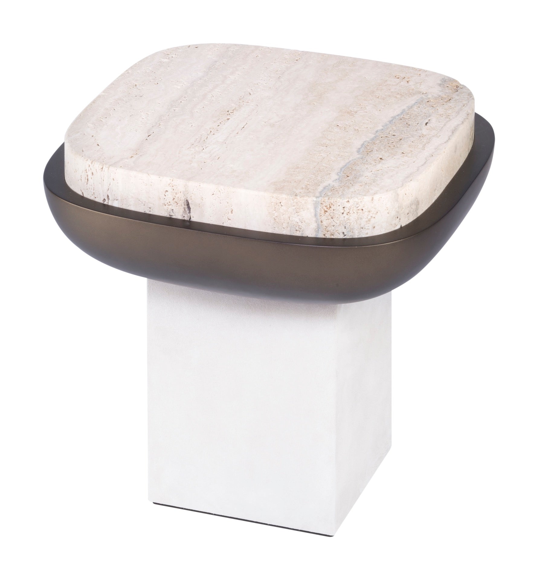 Giobagnara × Stéphane Parmentier Olympia | Marble Side Table: Travertine marble in classic, walnut, titanium, yellow, or red with leather-clad base and bronze-lacquered wood detail | Furniture / Side Tables + Bar Tables | 2Jour Concierge, your luxury lifestyle shop | contemporary interiors, luxury hospitality, gallery settings, refined residential, collector’s pieces, statement furniture