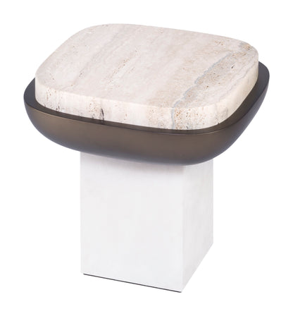 Giobagnara × Stéphane Parmentier Olympia | Marble Side Table: Travertine marble in classic, walnut, titanium, yellow, or red with leather-clad base and bronze-lacquered wood detail | Furniture / Side Tables + Bar Tables | 2Jour Concierge, your luxury lifestyle shop | contemporary interiors, luxury hospitality, gallery settings, refined residential, collector’s pieces, statement furniture