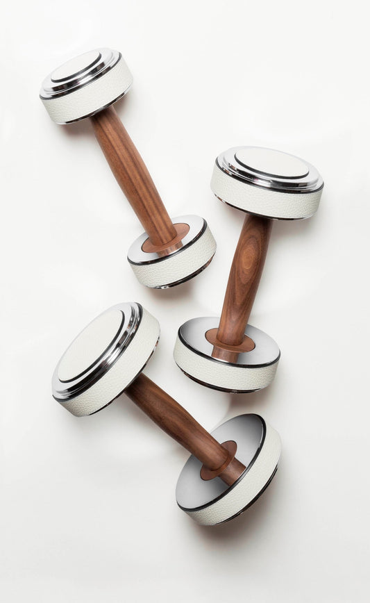 Magnus Gym Weights Set by Giobagnara | Metal structure available in chrome, bronze, or brass metal finish, provided with leather inserts and walnut wood grip. | Fitness Equipment and Accessories | 2Jour Concierge, your luxury lifestyle shop