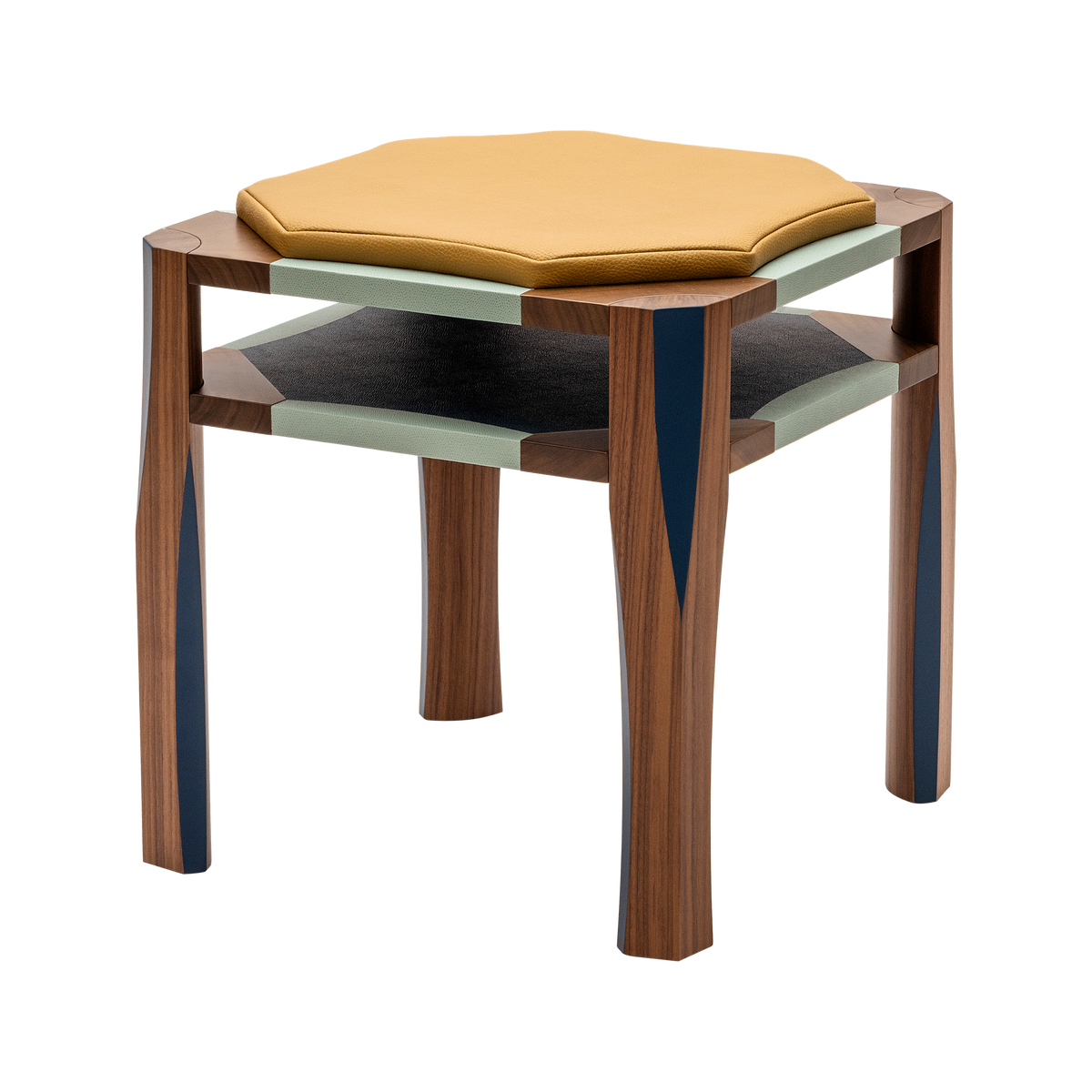 Giobagnara | Margo Stool: walnut stool with leather marquetry and leather cushion, by Martino Gamper | Stools | 2Jour Concierge, your luxury lifestyle shop | leather stool, walnut stool, Martino Gamper Giobagnara, designer stool