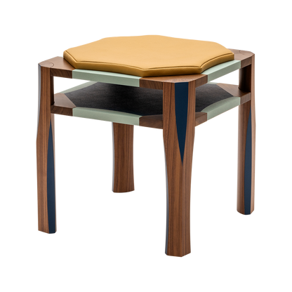Giobagnara | Margo Stool: walnut stool with leather marquetry and leather cushion, by Martino Gamper | Stools | 2Jour Concierge, your luxury lifestyle shop | leather stool, walnut stool, Martino Gamper Giobagnara, designer stool