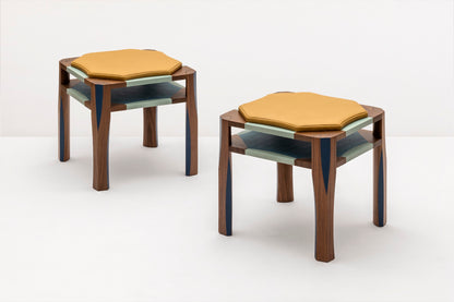 Giobagnara | Margo Stool: walnut stool with leather marquetry and leather cushion, by Martino Gamper | Stools | 2Jour Concierge, your luxury lifestyle shop | leather stool, walnut stool, Martino Gamper Giobagnara, designer stool