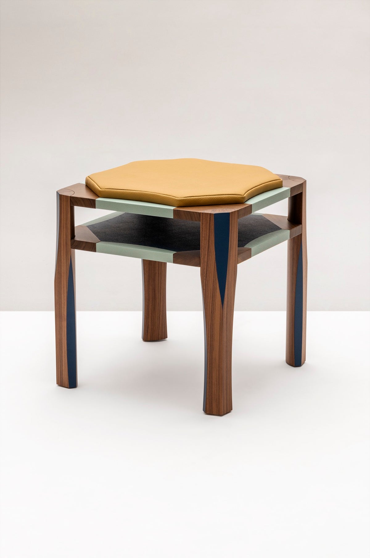 Giobagnara | Margo Stool: walnut stool with leather marquetry and leather cushion, by Martino Gamper | Stools | 2Jour Concierge, your luxury lifestyle shop | leather stool, walnut stool, Martino Gamper Giobagnara, designer stool