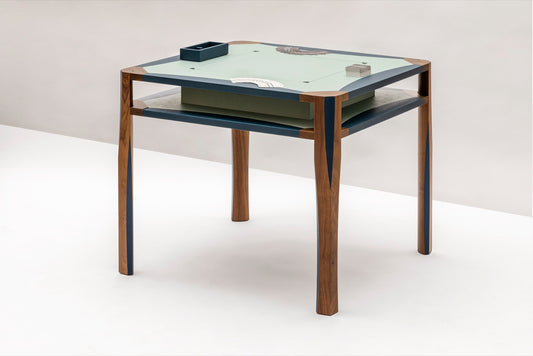 Giobagnara | Margo Game Table: walnut game table with leather marquetry top, by Martino Gamper | Game Tables | 2Jour Concierge, your luxury lifestyle shop | leather game table, backgammon table, Martino Gamper Giobagnara, designer games table