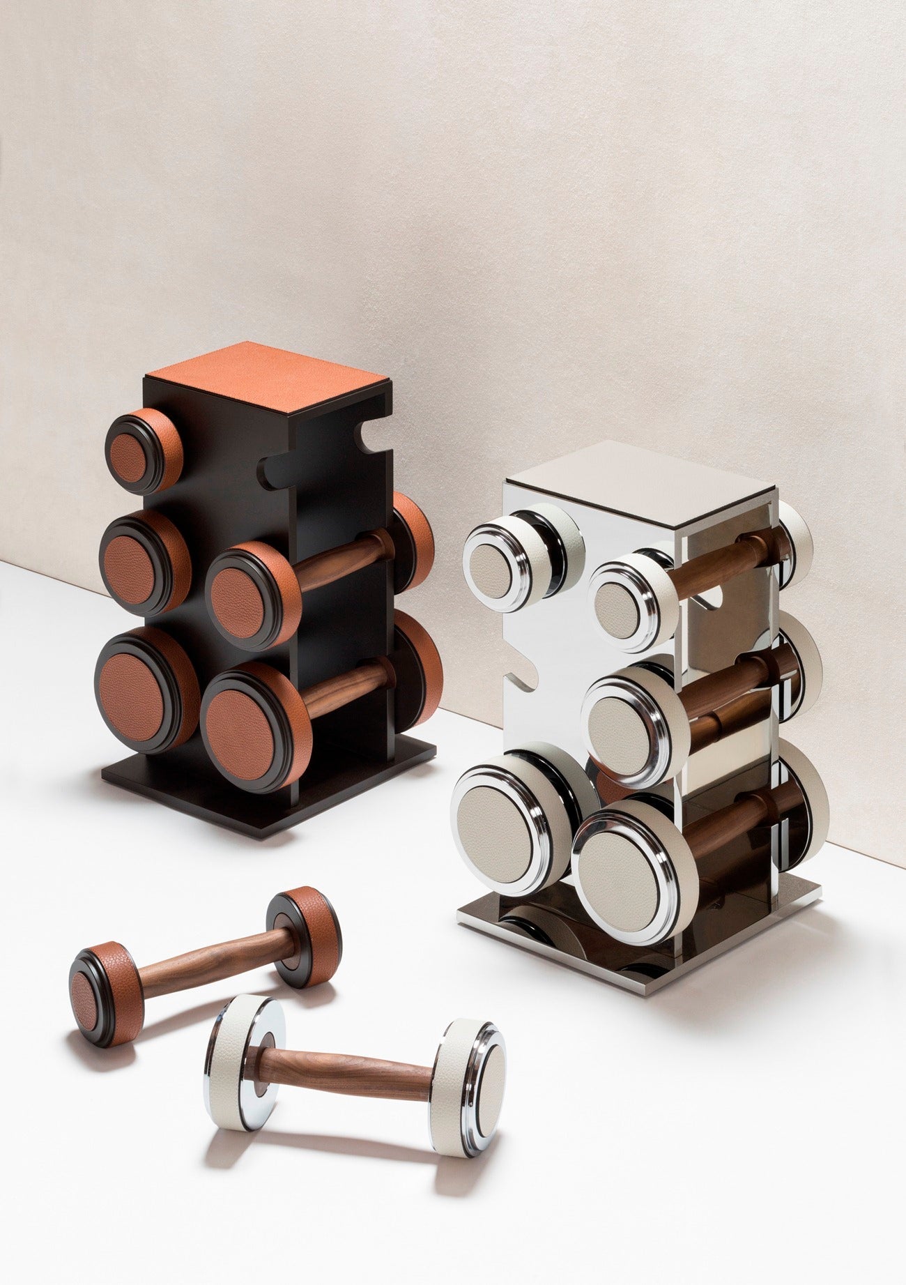 Magnus Gym Weights Set by Giobagnara | Metal structure available in chrome, bronze, or brass metal finish, provided with leather inserts and walnut wood grip. | Fitness Equipment and Accessories | 2Jour Concierge, your luxury lifestyle shop