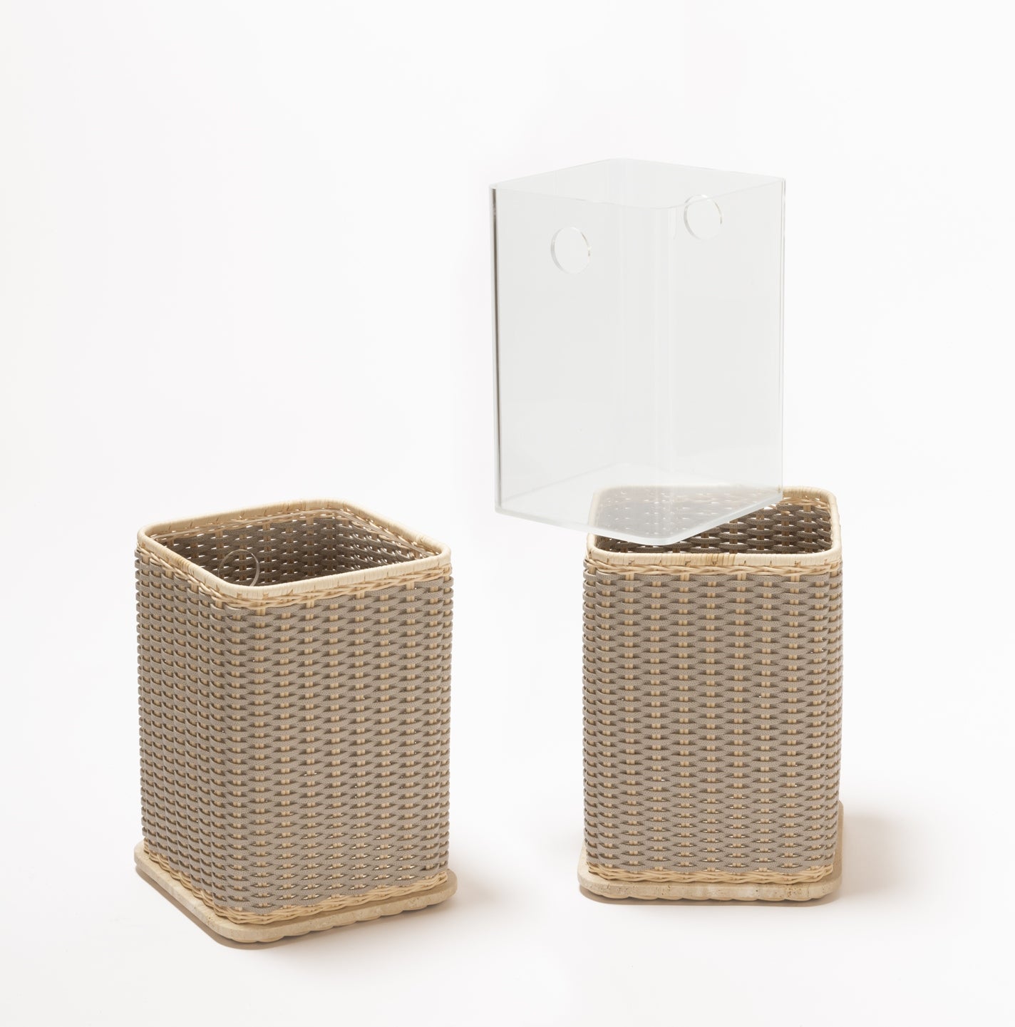 Pigment France Albi Leather & Rattan Travertine Bin | Woven leather and rattan structure | Features a travertine base | Removable plexiglass inner structure for easy cleaning | Explore Luxury Home Accessories at 2Jour Concierge, #1 luxury high-end gift & lifestyle shop