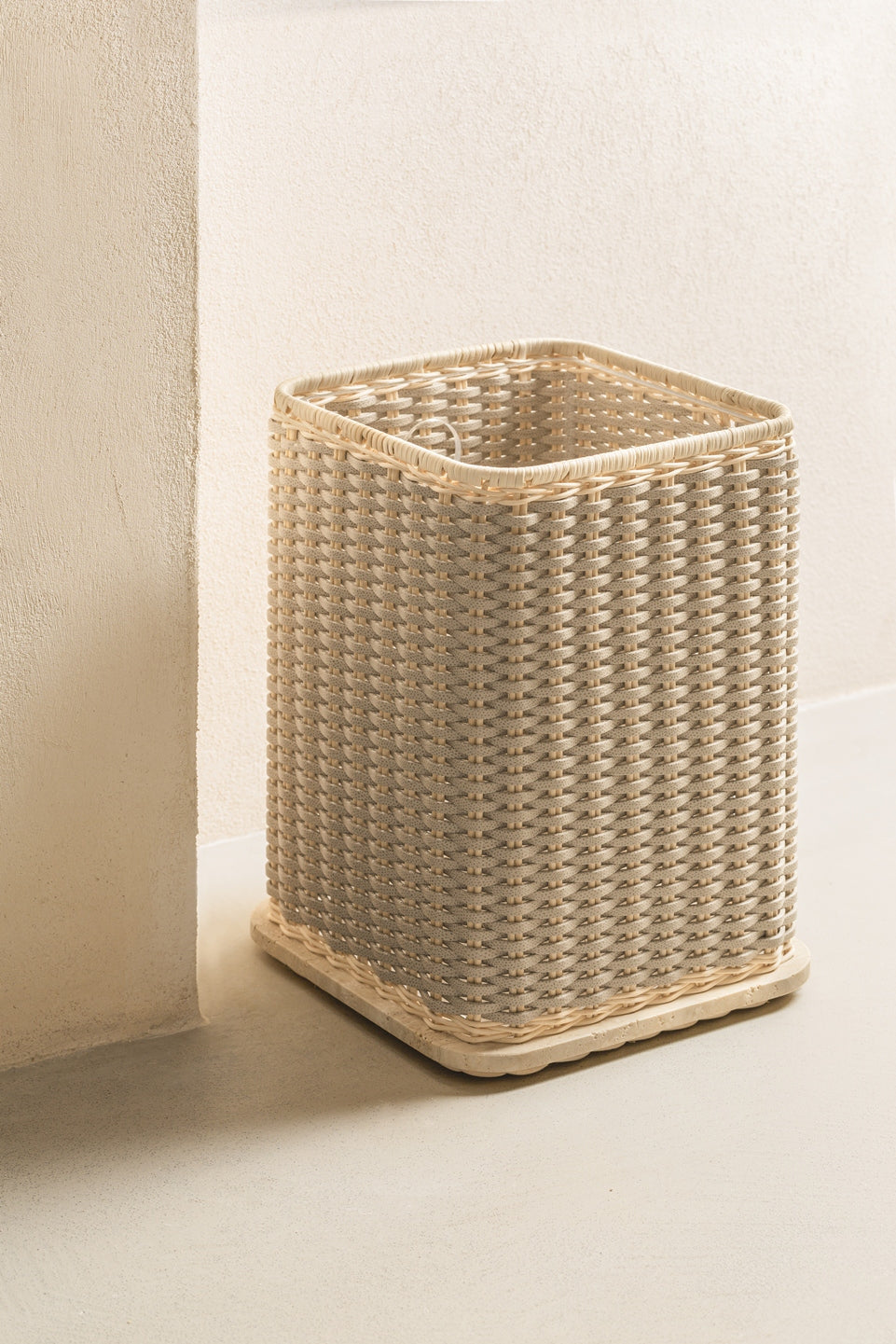 Pigment France Albi Leather & Rattan Travertine Bin | Woven leather and rattan structure | Features a travertine base | Removable plexiglass inner structure for easy cleaning | Explore Luxury Home Accessories at 2Jour Concierge, #1 luxury high-end gift & lifestyle shop