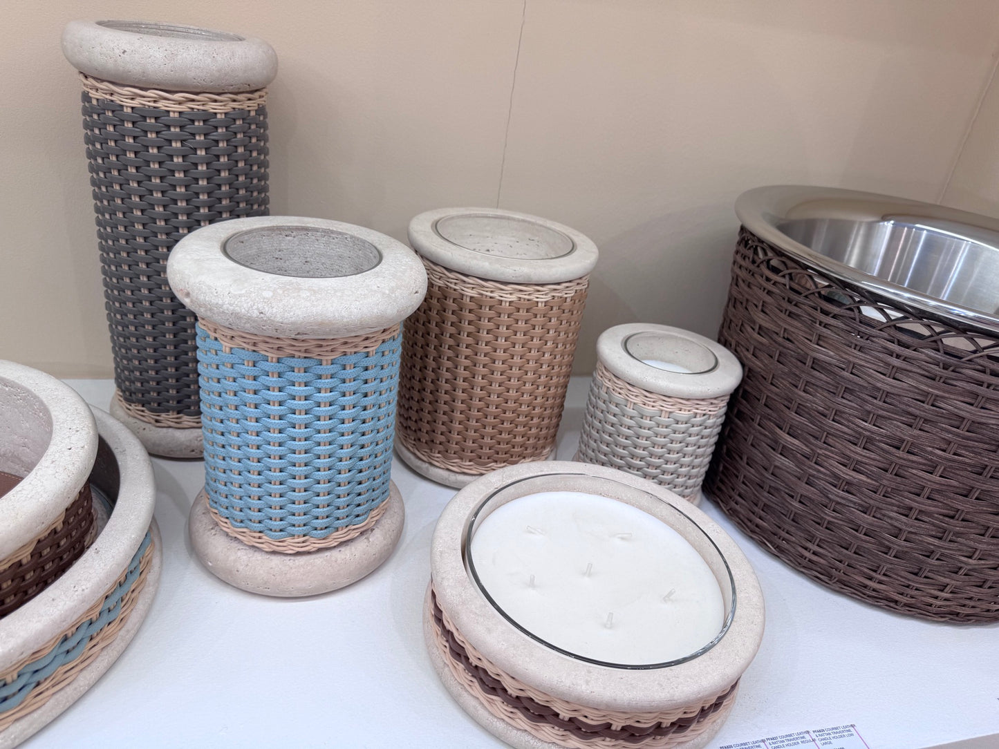 Pigment France × Giobagnara Courbet Travertine Candle Holder (Regular) | Marble candle holder with woven leather and rattan covering, complete with removable wax candle | Décor / Vases + Candle Holders | 2Jour Concierge, your luxury lifestyle shop | luxury interiors, refined lifestyle, hospitality décor, designer home accessories, boutique hotels, yacht décor, elegant living, office décor