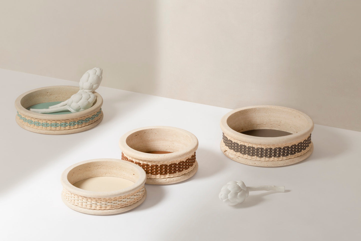 Pigment France Courbet Leather & Rattan Bowl | Travertine marble bowl with removable leather insert and handwoven leather–rattan detailing, available in four sizes | Décor / Bowls | 2Jour Concierge, your luxury lifestyle shop | luxury interiors, hospitality décor, refined lifestyle, elegant living, designer home accessories, boutique hotels, yacht décor, office décor