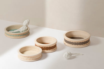 Pigment France Courbet Leather & Rattan Bowl | Travertine marble bowl with removable leather insert and handwoven leather–rattan detailing, available in four sizes | Décor / Bowls | 2Jour Concierge, your luxury lifestyle shop | luxury interiors, hospitality décor, refined lifestyle, elegant living, designer home accessories, boutique hotels, yacht décor, office décor