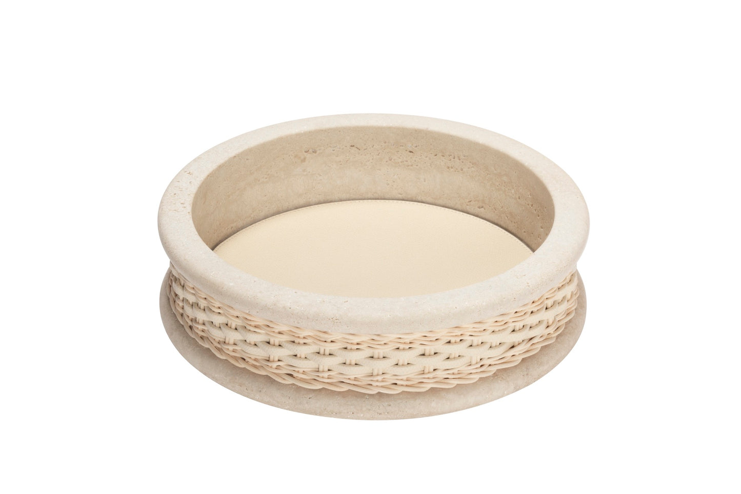 Pigment France Courbet Leather & Rattan Bowl | Travertine marble bowl with removable leather insert and handwoven leather–rattan detailing, available in four sizes | Décor / Bowls | 2Jour Concierge, your luxury lifestyle shop | luxury interiors, hospitality décor, refined lifestyle, elegant living, designer home accessories, boutique hotels, yacht décor, office décor