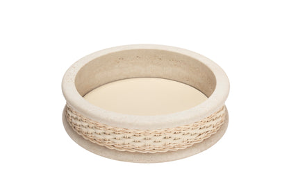 Pigment France Courbet Leather & Rattan Bowl | Travertine marble bowl with removable leather insert and handwoven leather–rattan detailing, available in four sizes | Décor / Bowls | 2Jour Concierge, your luxury lifestyle shop | luxury interiors, hospitality décor, refined lifestyle, elegant living, designer home accessories, boutique hotels, yacht décor, office décor
