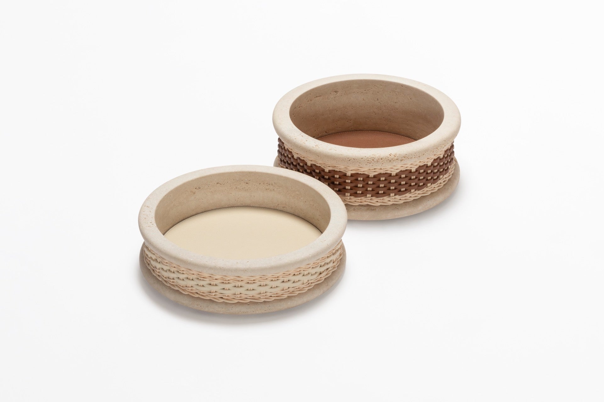 Pigment France Courbet Leather & Rattan Bowl | Travertine marble bowl with removable leather insert and handwoven leather–rattan detailing, available in four sizes | Décor / Bowls | 2Jour Concierge, your luxury lifestyle shop | luxury interiors, hospitality décor, refined lifestyle, elegant living, designer home accessories, boutique hotels, yacht décor, office décor