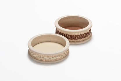 Pigment France Courbet Leather & Rattan Bowl | Travertine marble bowl with removable leather insert and handwoven leather–rattan detailing, available in four sizes | Décor / Bowls | 2Jour Concierge, your luxury lifestyle shop | luxury interiors, hospitality décor, refined lifestyle, elegant living, designer home accessories, boutique hotels, yacht décor, office décor