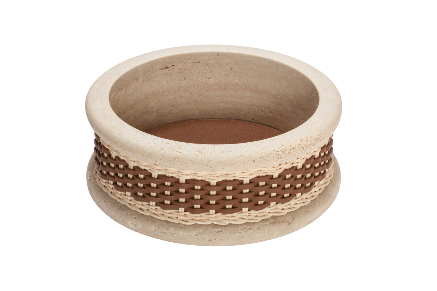 Pigment France Courbet Leather & Rattan Bowl | Travertine marble bowl with removable leather insert and handwoven leather–rattan detailing, available in four sizes | Décor / Bowls | 2Jour Concierge, your luxury lifestyle shop | luxury interiors, hospitality décor, refined lifestyle, elegant living, designer home accessories, boutique hotels, yacht décor, office décor