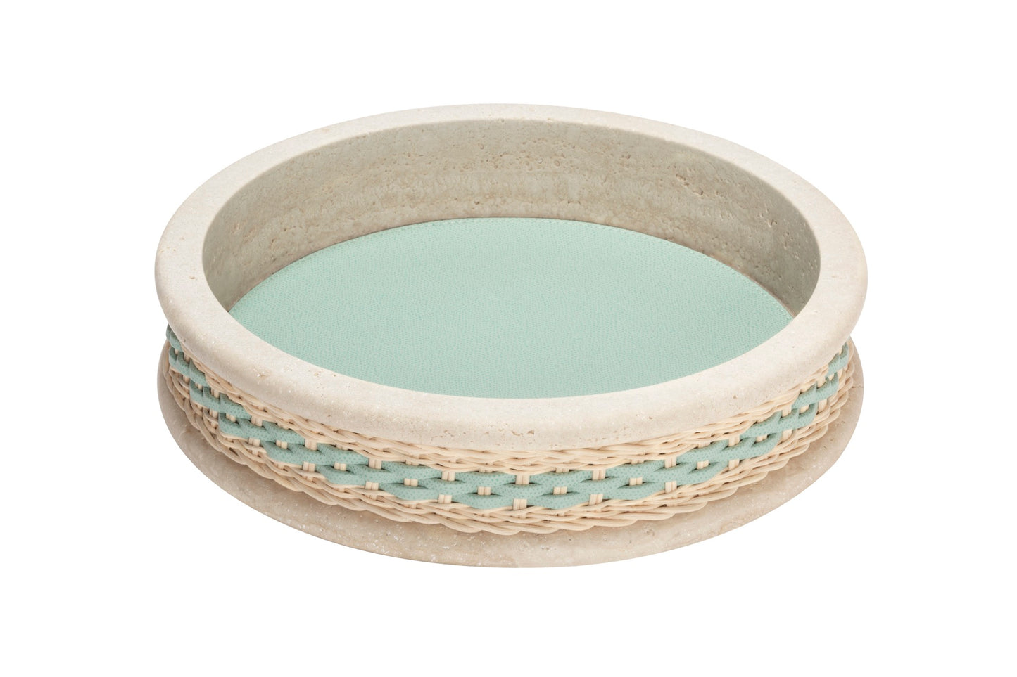 Pigment France Courbet Leather & Rattan Bowl | Travertine marble bowl with removable leather insert and handwoven leather–rattan detailing, available in four sizes | Décor / Bowls | 2Jour Concierge, your luxury lifestyle shop | luxury interiors, hospitality décor, refined lifestyle, elegant living, designer home accessories, boutique hotels, yacht décor, office décorv