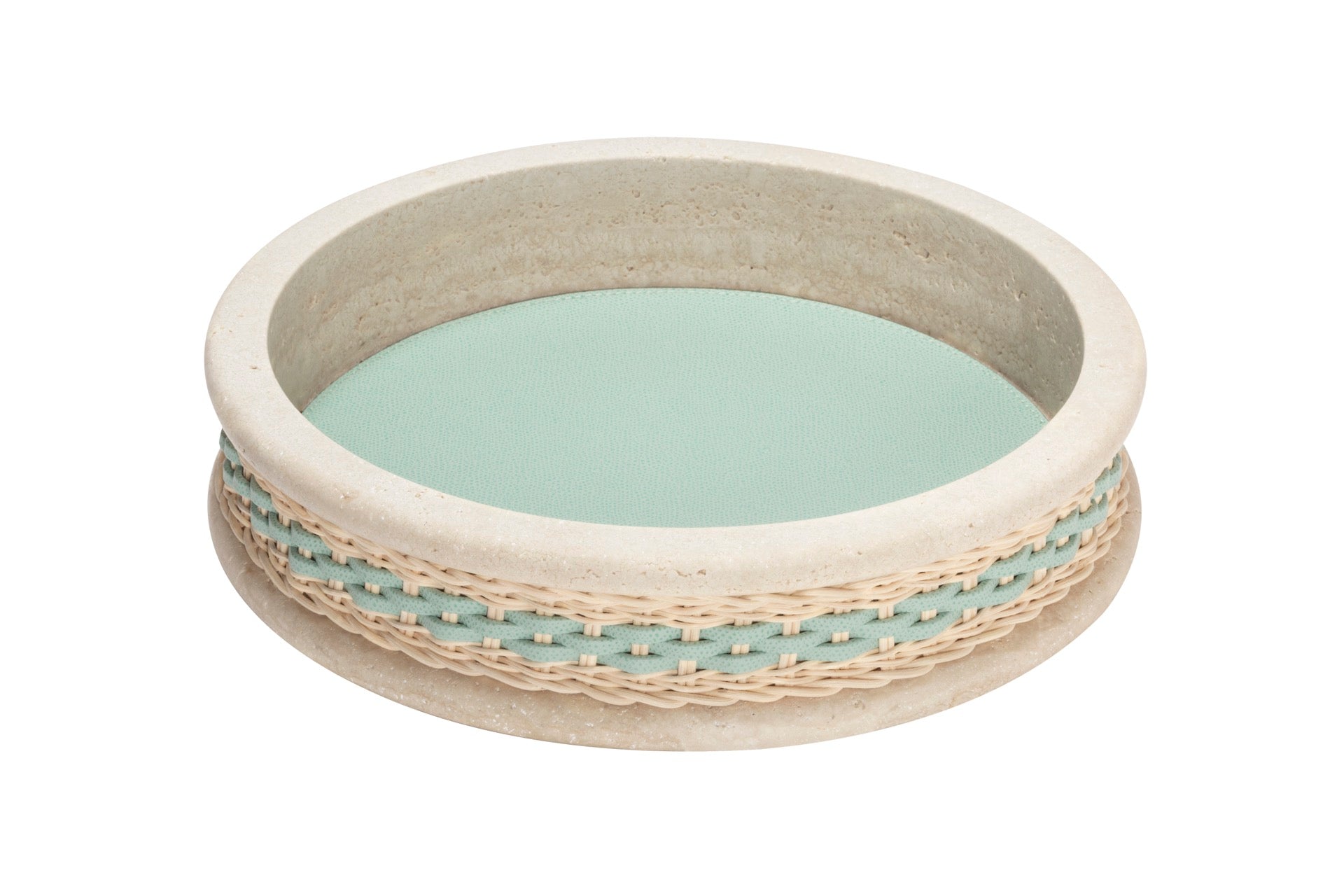 Pigment France Courbet Leather & Rattan Bowl | Travertine marble bowl with removable leather insert and handwoven leather–rattan detailing, available in four sizes | Décor / Bowls | 2Jour Concierge, your luxury lifestyle shop | luxury interiors, hospitality décor, refined lifestyle, elegant living, designer home accessories, boutique hotels, yacht décor, office décorv