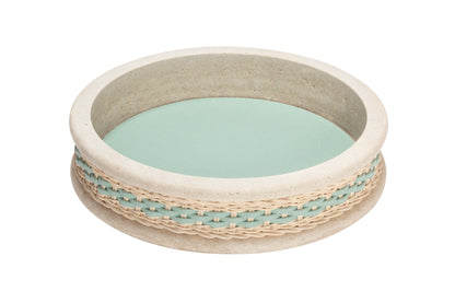 Pigment France Courbet Leather & Rattan Bowl | Travertine marble bowl with removable leather insert and handwoven leather–rattan detailing, available in four sizes | Décor / Bowls | 2Jour Concierge, your luxury lifestyle shop | luxury interiors, hospitality décor, refined lifestyle, elegant living, designer home accessories, boutique hotels, yacht décor, office décorv