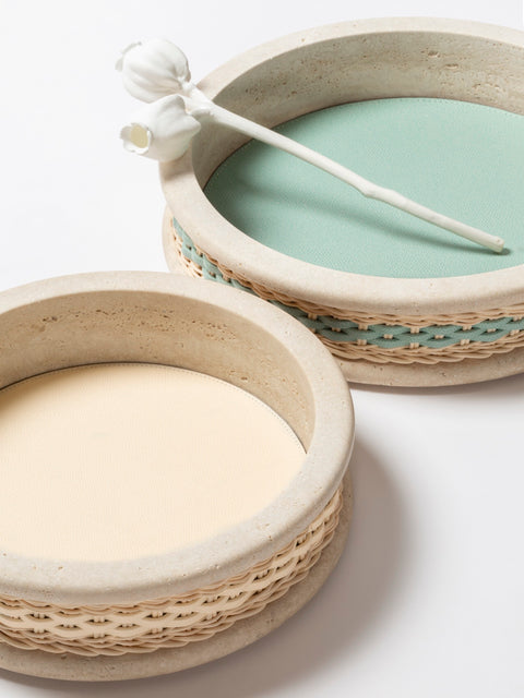 Pigment France Courbet Leather & Rattan Bowl | Travertine marble bowl with removable leather insert and handwoven leather–rattan detailing, available in four sizes | Décor / Bowls | 2Jour Concierge, your luxury lifestyle shop | luxury interiors, hospitality décor, refined lifestyle, elegant living, designer home accessories, boutique hotels, yacht décor, office décor