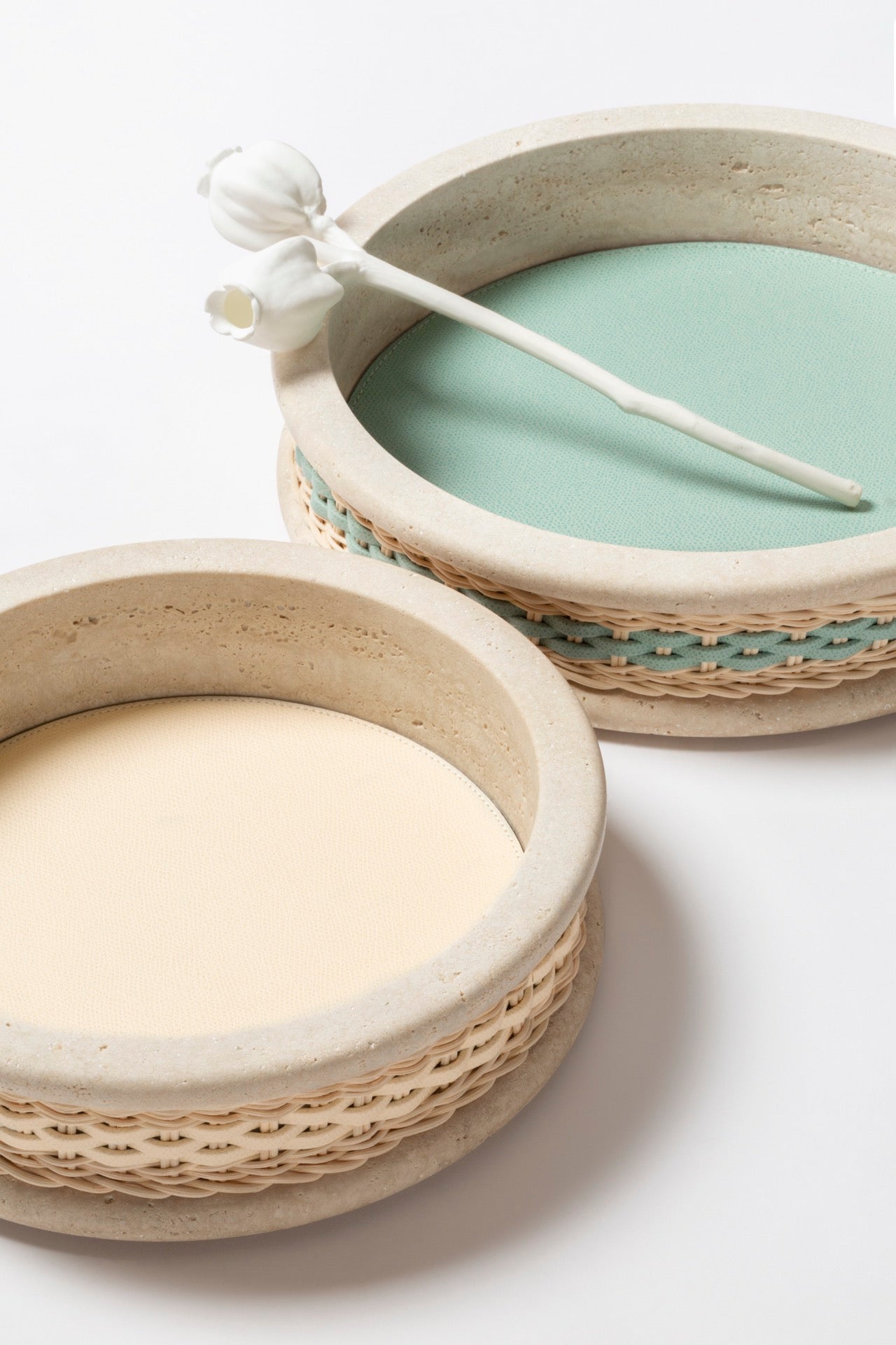 Pigment France Courbet Leather & Rattan Bowl | Travertine marble bowl with removable leather insert and handwoven leather–rattan detailing, available in four sizes | Décor / Bowls | 2Jour Concierge, your luxury lifestyle shop | luxury interiors, hospitality décor, refined lifestyle, elegant living, designer home accessories, boutique hotels, yacht décor, office décor