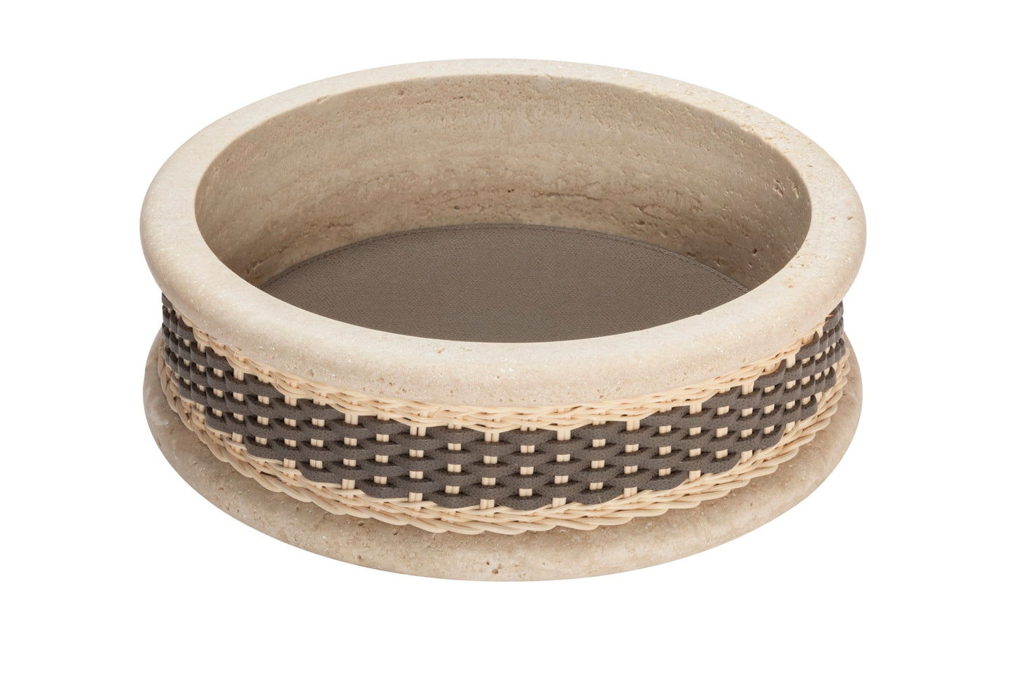 Pigment France Courbet Leather & Rattan Bowl | Travertine marble bowl with removable leather insert and handwoven leather–rattan detailing, available in four sizes | Décor / Bowls | 2Jour Concierge, your luxury lifestyle shop | luxury interiors, hospitality décor, refined lifestyle, elegant living, designer home accessories, boutique hotels, yacht décor, office décor
