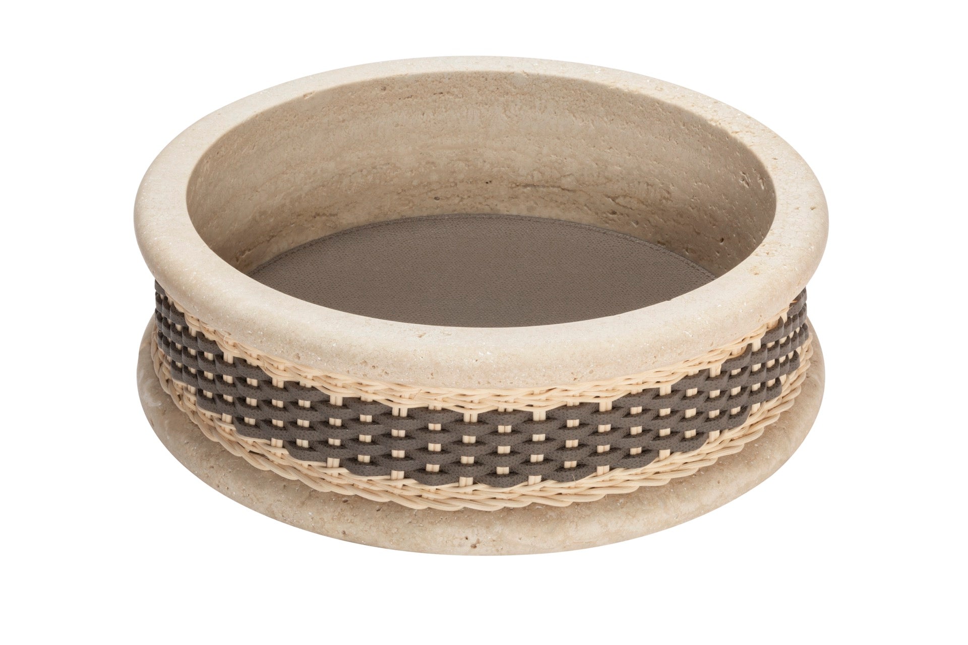 Pigment France Courbet Leather & Rattan Bowl | Travertine marble bowl with removable leather insert and handwoven leather–rattan detailing, available in four sizes | Décor / Bowls | 2Jour Concierge, your luxury lifestyle shop | luxury interiors, hospitality décor, refined lifestyle, elegant living, designer home accessories, boutique hotels, yacht décor, office décor