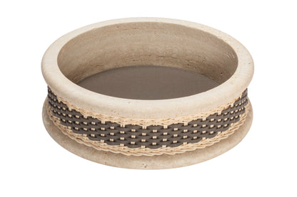 Pigment France Courbet Leather & Rattan Bowl | Travertine marble bowl with removable leather insert and handwoven leather–rattan detailing, available in four sizes | Décor / Bowls | 2Jour Concierge, your luxury lifestyle shop | luxury interiors, hospitality décor, refined lifestyle, elegant living, designer home accessories, boutique hotels, yacht décor, office décor