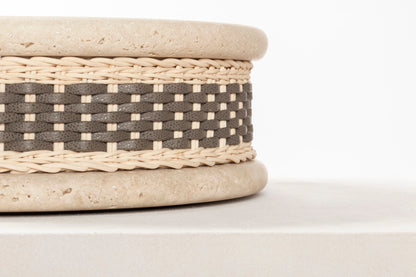 Pigment France Courbet Leather & Rattan Bowl | Travertine marble bowl with removable leather insert and handwoven leather–rattan detailing, available in four sizes | Décor / Bowls | 2Jour Concierge, your luxury lifestyle shop | luxury interiors, hospitality décor, refined lifestyle, elegant living, designer home accessories, boutique hotels, yacht décor, office décor