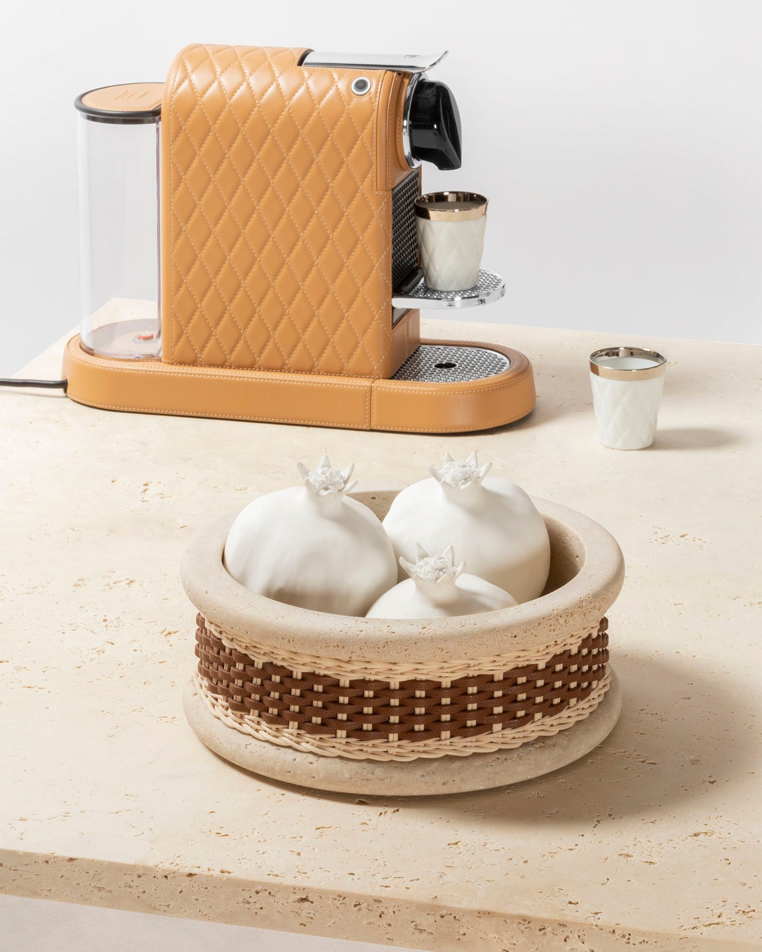 Pigment France Courbet Leather & Rattan Bowl | Travertine marble bowl with removable leather insert and handwoven leather–rattan detailing, available in four sizes | Décor / Bowls | 2Jour Concierge, your luxury lifestyle shop | luxury interiors, hospitality décor, refined lifestyle, elegant living, designer home accessories, boutique hotels, yacht décor, office décor